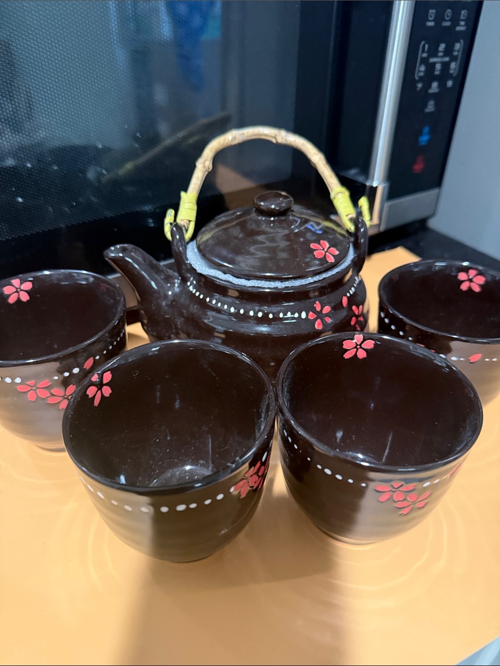 Brown Floral Ceramic Tea Set with Bamboo Handle